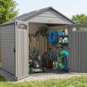 Rubbermaid 7x7 Outdoor Storage Shed with Floor, Weather-Resistant Resin Garden Shed for Lawn Mower, Tools, Bikes & Backyard Storage (Gray)