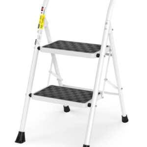 HBTower 2 Step Ladder Folding Step Stool for Adults with Anti-Slip Wide Pedal & Cushioned Handle (Heavy Duty Steel, Space-Saving, White)